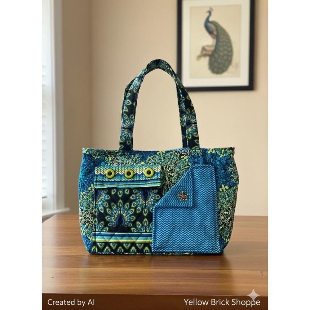 Handmade Peacock-Pattern Quilted Tote Bag – Blue/Green Fabric – 13" x‎ 5" x 10"